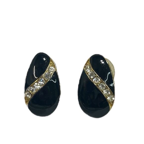 Vintage Trifari Enamel And Rhinestone Pierced Retro Design Earrings 80s 90s - Picture 1 of 8